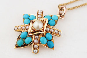 ANTIQUE VICTORIAN TURQUOISE & PEARL PENDANT 15ct GOLD