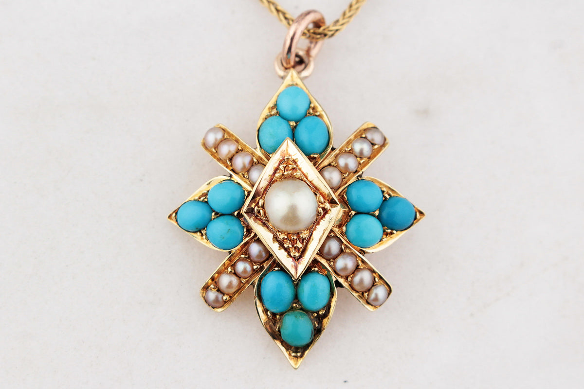 ANTIQUE VICTORIAN TURQUOISE & PEARL PENDANT 15ct GOLD