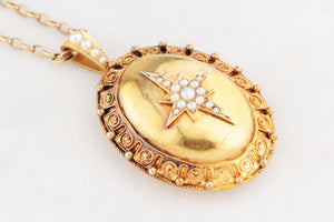 ANTIQUE VICTORIAN CELESTIAL SEED PEARL LOCKET 9ct GOLD