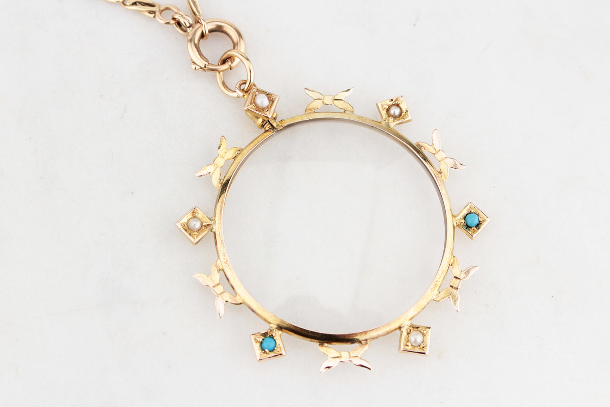 ANTIQUE AUSTRALIAN SEED PEARL &amp; TURQUOISE PHOTO LOCKET 9ct GOLD