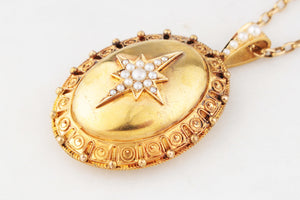 ANTIQUE VICTORIAN CELESTIAL SEED PEARL LOCKET 9ct GOLD