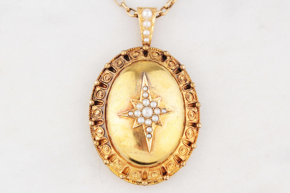 ANTIQUE VICTORIAN CELESTIAL SEED PEARL LOCKET 9ct GOLD