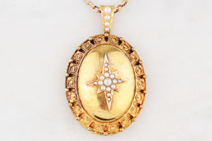 ANTIQUE VICTORIAN CELESTIAL SEED PEARL LOCKET 9ct GOLD