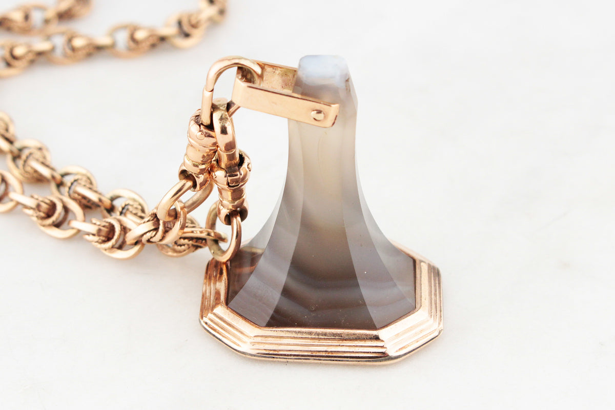 ANTIQUE GEORGIAN c1840 BANDED AGATE FOB SEAL PENDANT 9ct GOLD