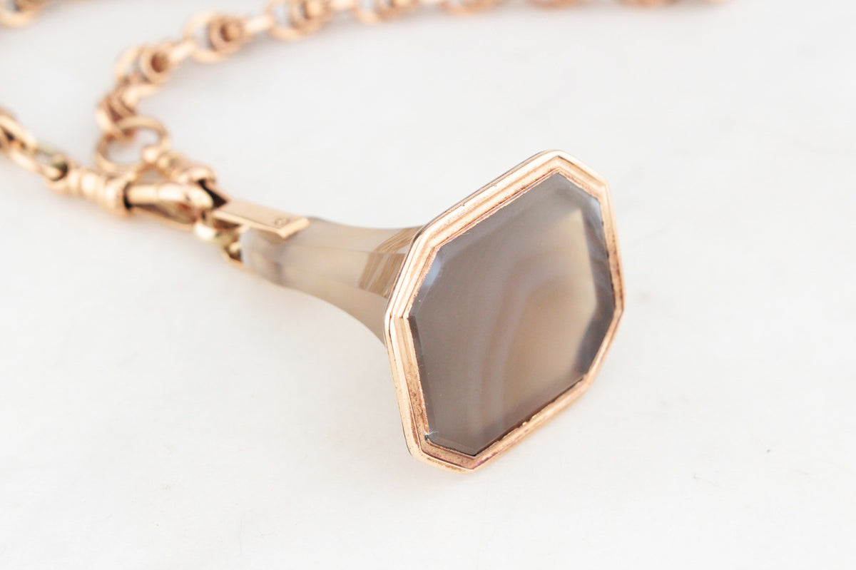 ANTIQUE GEORGIAN c1840 BANDED AGATE FOB SEAL PENDANT 9ct GOLD