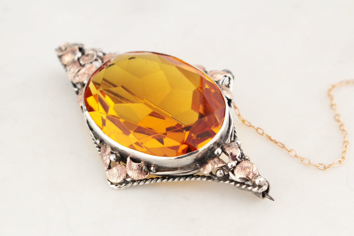 ANTIQUE AUSTRALIAN ARTS &amp; CRAFTS CITRINE BROOCH STERLING SILVER &amp; 9ct GOLD