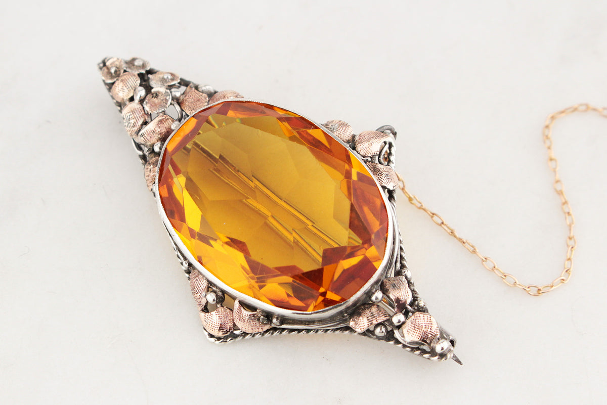 ANTIQUE AUSTRALIAN ARTS &amp; CRAFTS CITRINE BROOCH STERLING SILVER &amp; 9ct GOLD