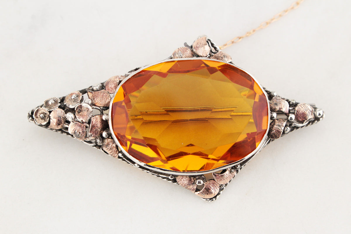 ANTIQUE AUSTRALIAN ARTS &amp; CRAFTS CITRINE BROOCH STERLING SILVER &amp; 9ct GOLD