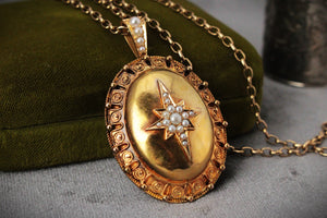 ANTIQUE VICTORIAN CELESTIAL SEED PEARL LOCKET 9ct GOLD