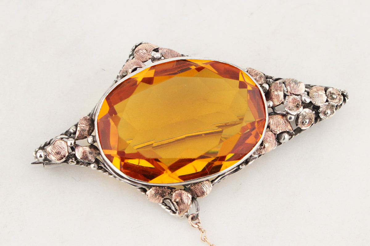 ANTIQUE AUSTRALIAN ARTS &amp; CRAFTS CITRINE BROOCH STERLING SILVER &amp; 9ct GOLD
