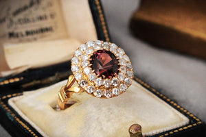 VINTAGE TOURMALINE & DIAMOND DOUBLE HALO RING 18ct GOLD