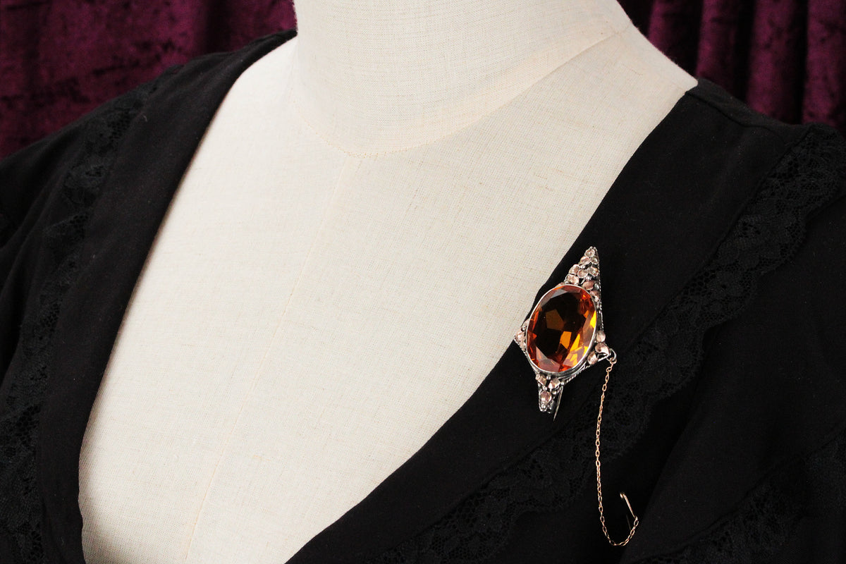 ANTIQUE AUSTRALIAN ARTS &amp; CRAFTS CITRINE BROOCH STERLING SILVER &amp; 9ct GOLD