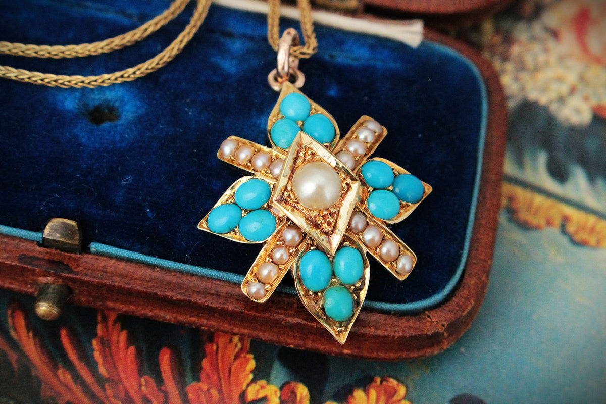 ANTIQUE VICTORIAN TURQUOISE & PEARL PENDANT 15ct GOLD