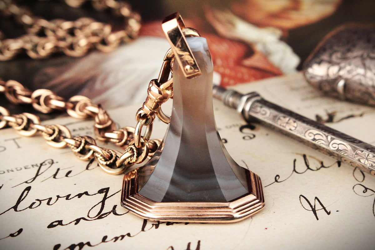 ANTIQUE GEORGIAN c1840 BANDED AGATE FOB SEAL PENDANT 9ct GOLD