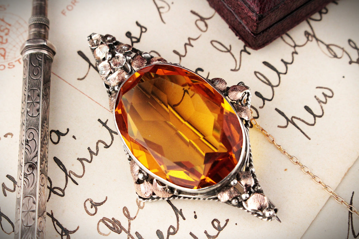 ANTIQUE AUSTRALIAN ARTS &amp; CRAFTS CITRINE BROOCH STERLING SILVER &amp; 9ct GOLD