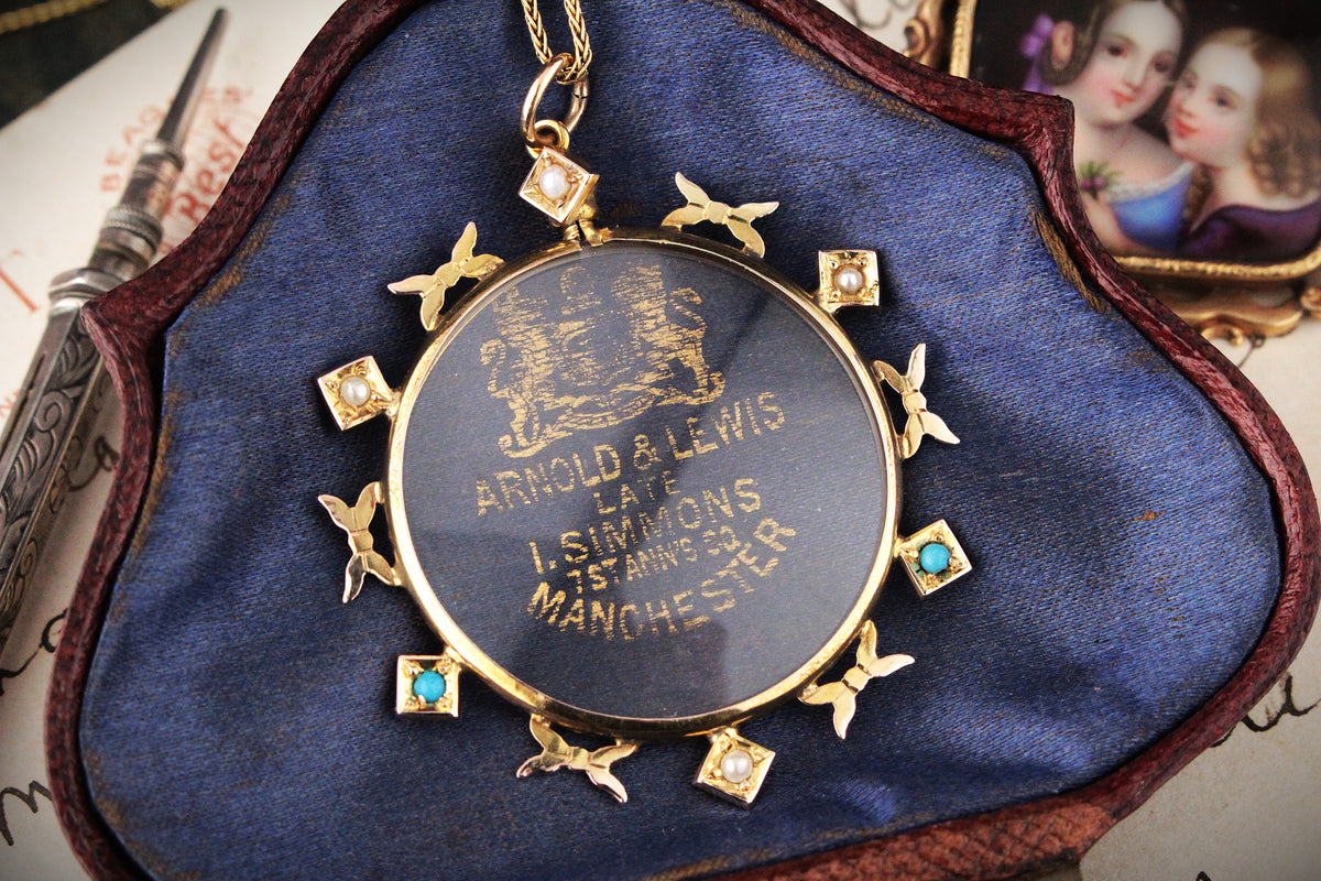 ANTIQUE AUSTRALIAN SEED PEARL &amp; TURQUOISE PHOTO LOCKET 9ct GOLD