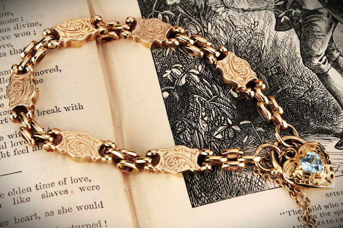 ANTIQUE EDWARDIAN ETCHED LINK BRACELET WITH FILIGREE TOPAZ HEART 9ct GOLD
