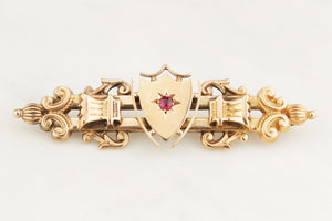 ANTIQUE VICTORIAN c1890’S RUBY SHIELD BAR BROOCH BY WILLIS & Co 15ct YELLOW GOLD