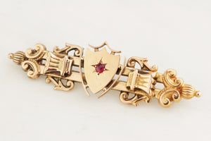 ANTIQUE VICTORIAN c1890’S RUBY SHIELD BAR BROOCH BY WILLIS & Co 15ct YELLOW GOLD