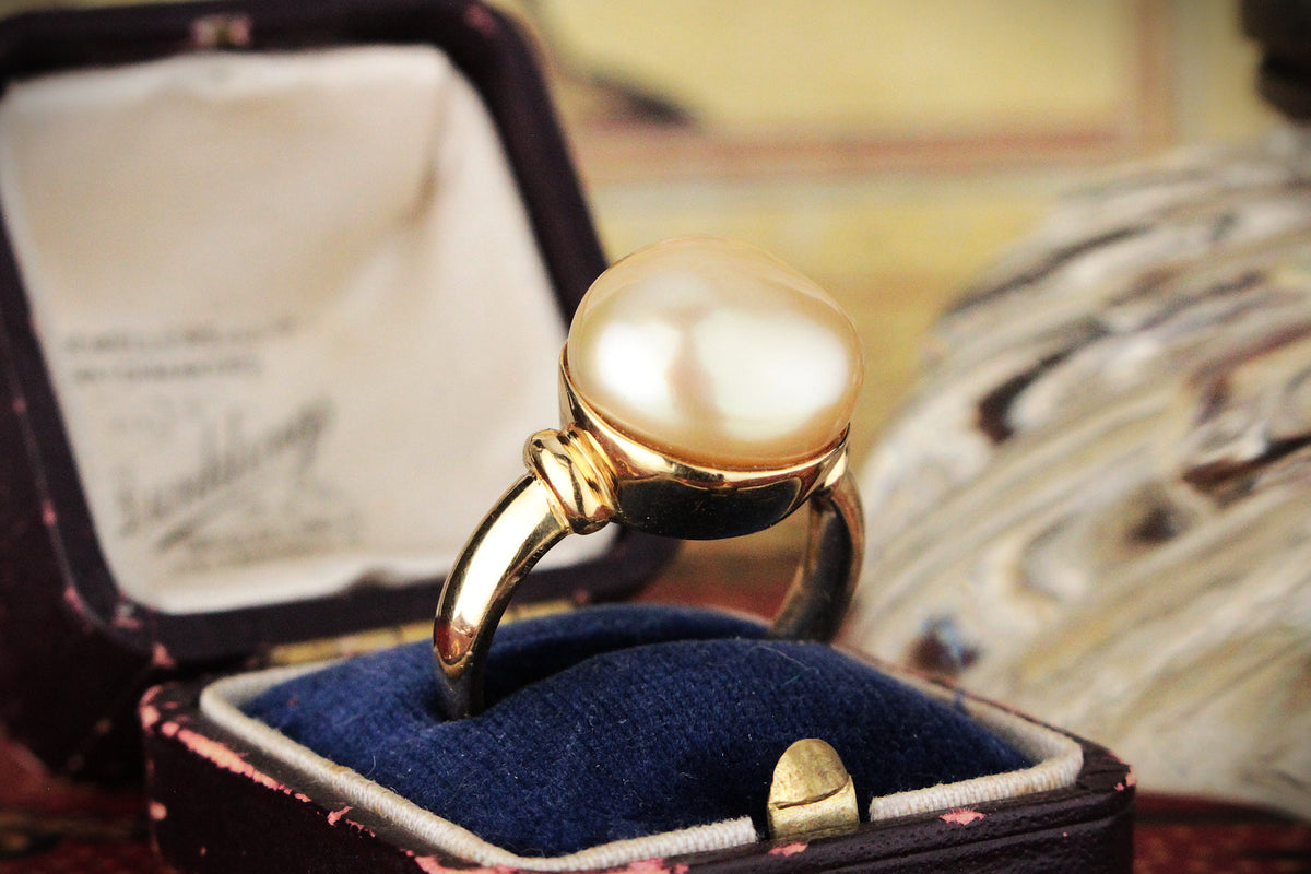 VINTAGE GOLDEN SOUTH SEA BAROQUE PEARL RING 18ct GOLD