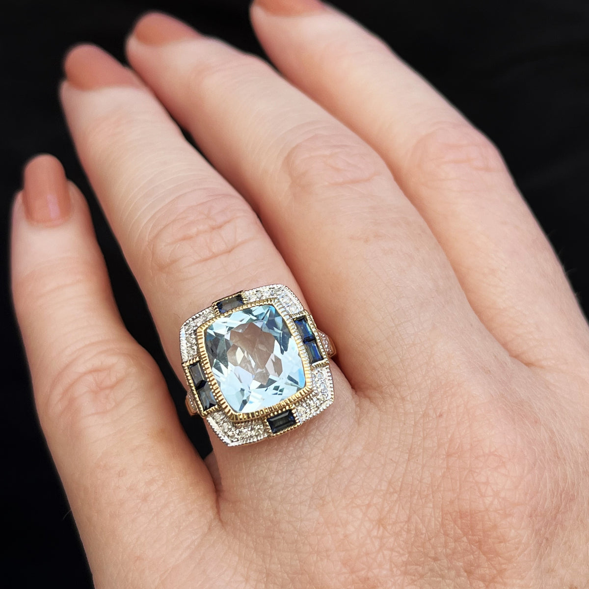 MODERN ART DECO STYLE TOPAZ SAPPHIRE &amp; DIAMOND RING 9ct GOLD