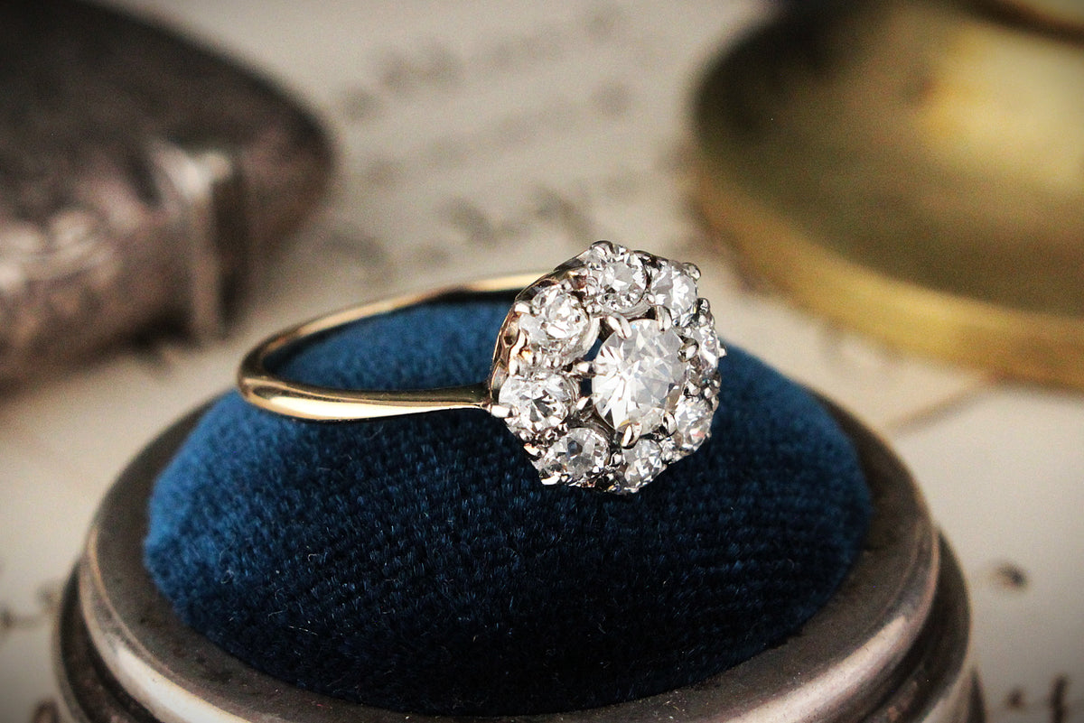 EDWARDIAN ANTIQUE 1.01ct DIAMOND CLUSTER RING 14ct GOLD