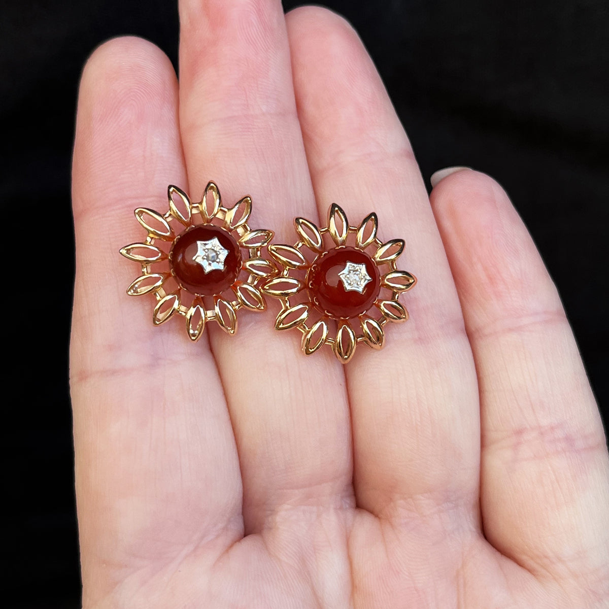 ANTIQUE EDWARDIAN CARNELIAN &amp; DIAMOND EARRINGS 18ct GOLD