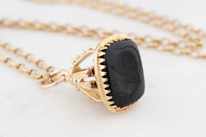 VINTAGE ONYX INTAGLIO FOB PENDANT 14ct GOLD
