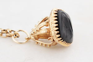 VINTAGE ONYX INTAGLIO FOB PENDANT 14ct GOLD