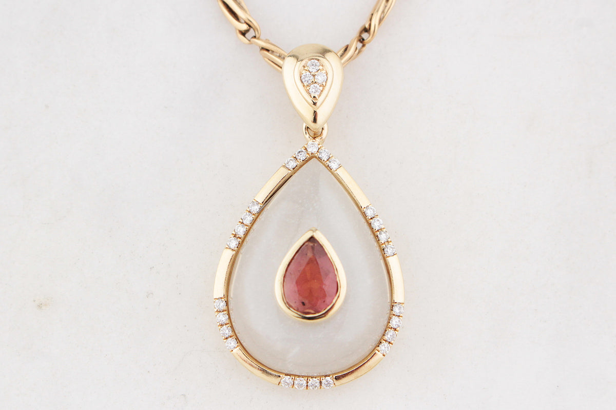 CHALCEDONY TOURMALINE & DIAMOND PENDANT 9ct GOLD