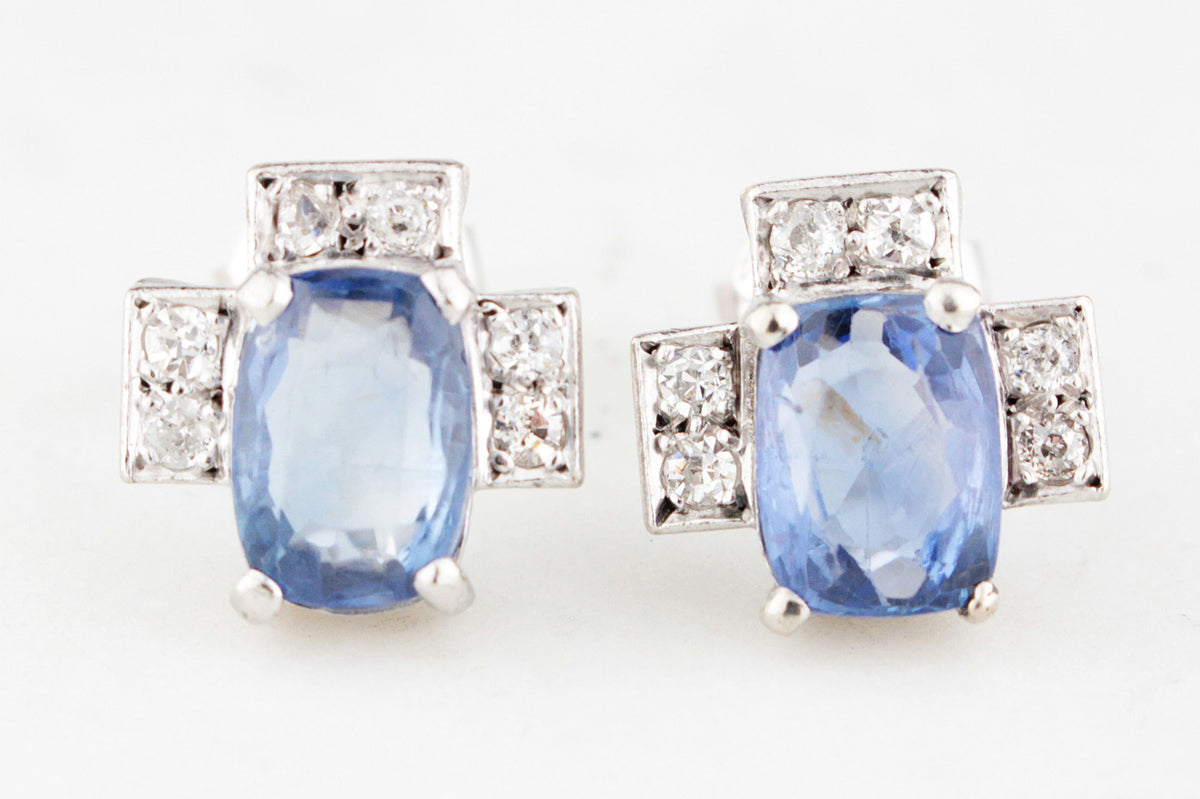 ART DECO 4ct CEYLON SAPPHIRE &amp; DIAMOND EARRINGS 18ct GOLD