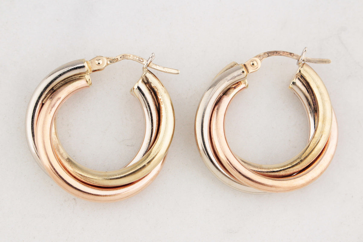 VINTAGE UNOAERRE TRIPLE HOOP EARRINGS 9ct TRI-COLD
