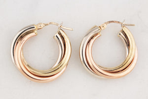 VINTAGE UNOAERRE TRIPLE HOOP EARRINGS 9ct TRI-COLD