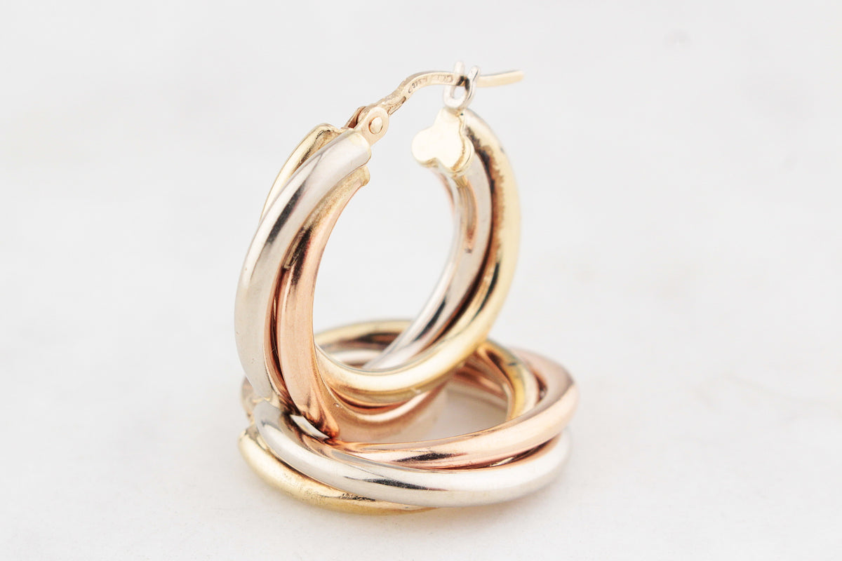 VINTAGE UNOAERRE TRIPLE HOOP EARRINGS 9ct TRI-COLD