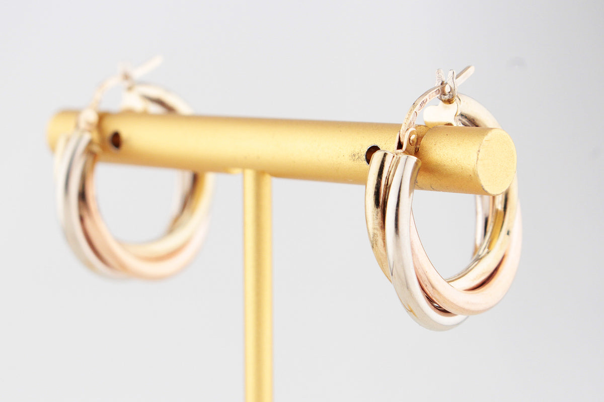 VINTAGE UNOAERRE TRIPLE HOOP EARRINGS 9ct TRI-COLD
