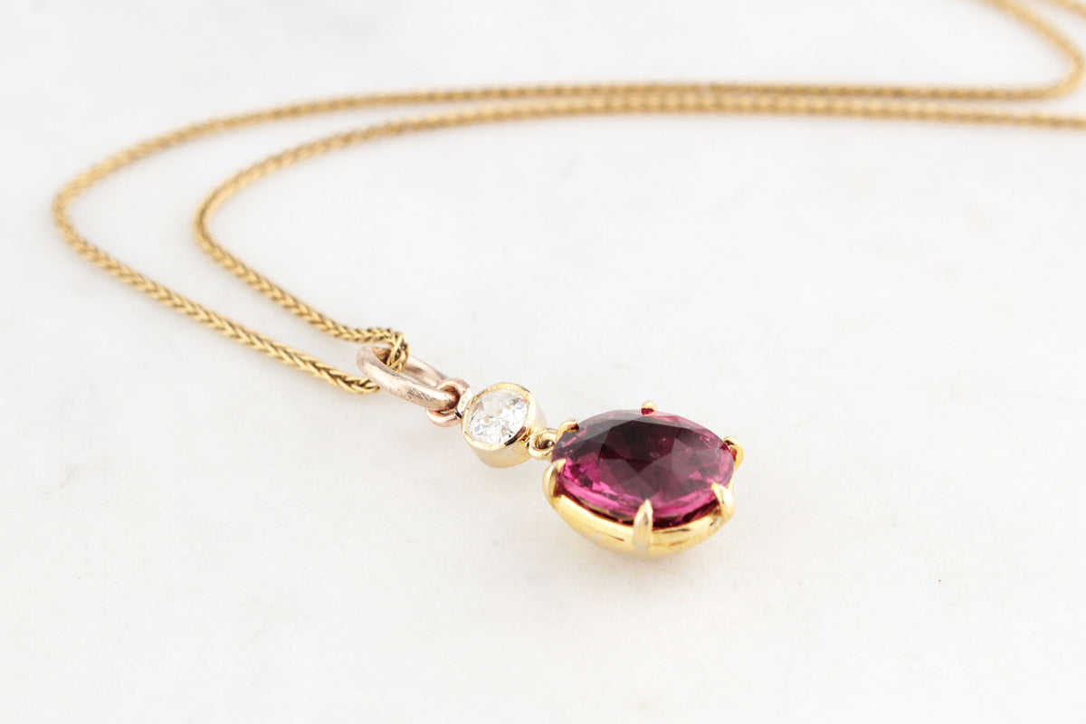 ANTIQUE c1900 TOURMALINE &amp; OLD EUROPEAN CUT DIAMOND PENDANT 18ct GOLD