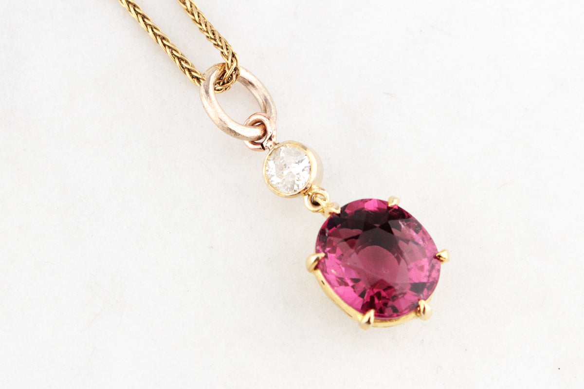 ANTIQUE c1900 TOURMALINE &amp; OLD EUROPEAN CUT DIAMOND PENDANT 18ct GOLD
