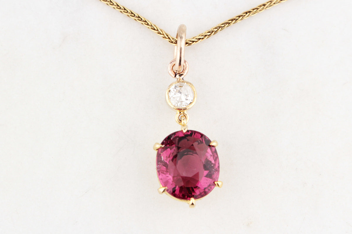 ANTIQUE c1900 TOURMALINE &amp; OLD EUROPEAN CUT DIAMOND PENDANT 18ct GOLD