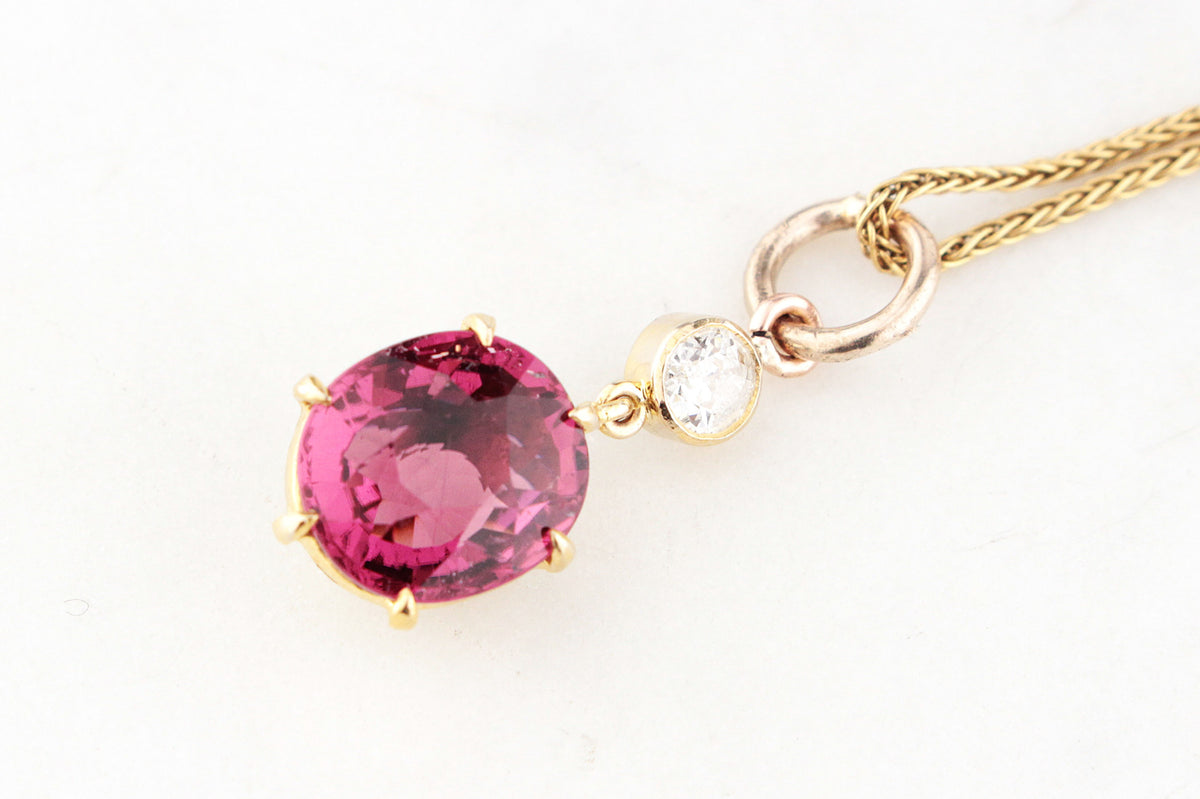 ANTIQUE c1900 TOURMALINE &amp; OLD EUROPEAN CUT DIAMOND PENDANT 18ct GOLD