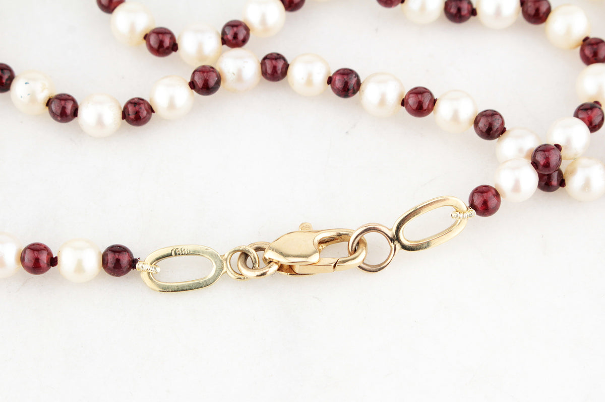 BESPOKE GARNET &amp; PEARL NECKLACE 14ct GOLD