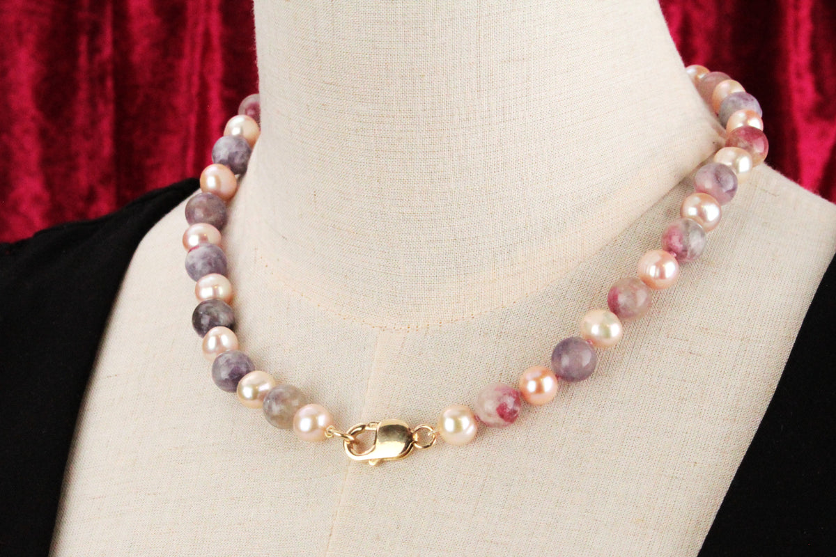 TOURMALINE &amp; PEARL NECKLACE 9ct GOLD