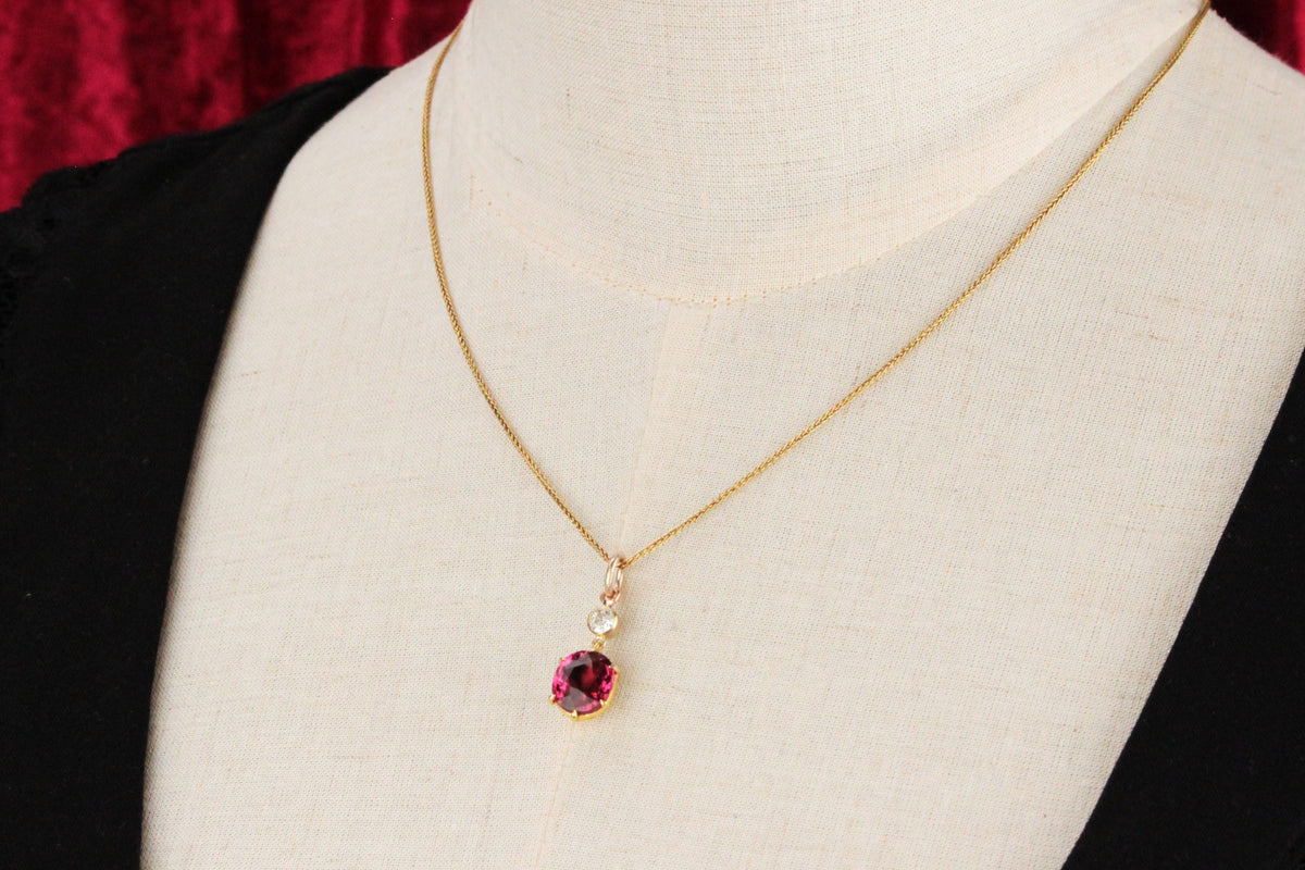 ANTIQUE c1900 TOURMALINE &amp; OLD EUROPEAN CUT DIAMOND PENDANT 18ct GOLD