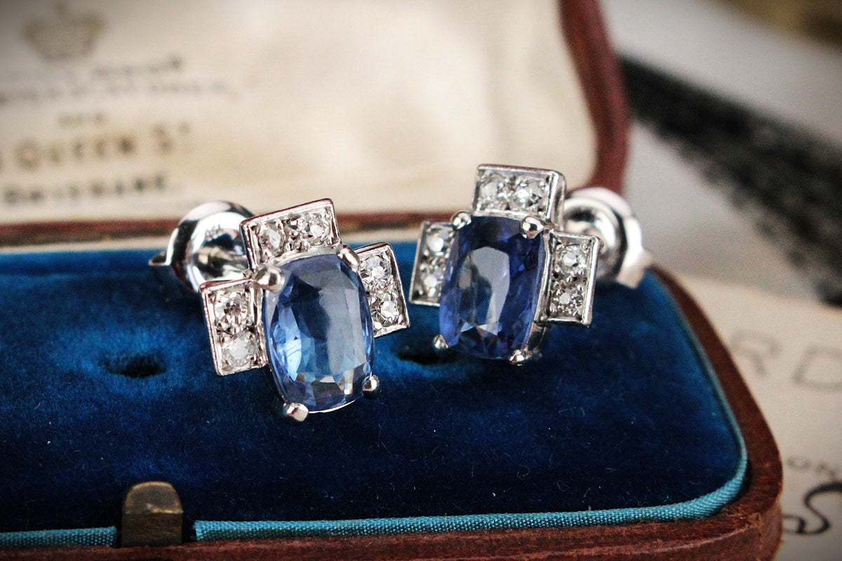 ART DECO 4ct CEYLON SAPPHIRE &amp; DIAMOND EARRINGS 18ct GOLD