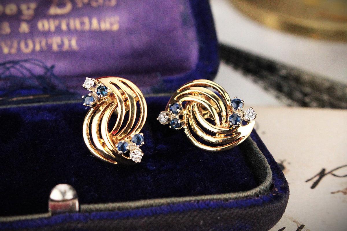VINTAGE SAPPHIRE &amp; DIAMOND EARRINGS 18ct GOLD