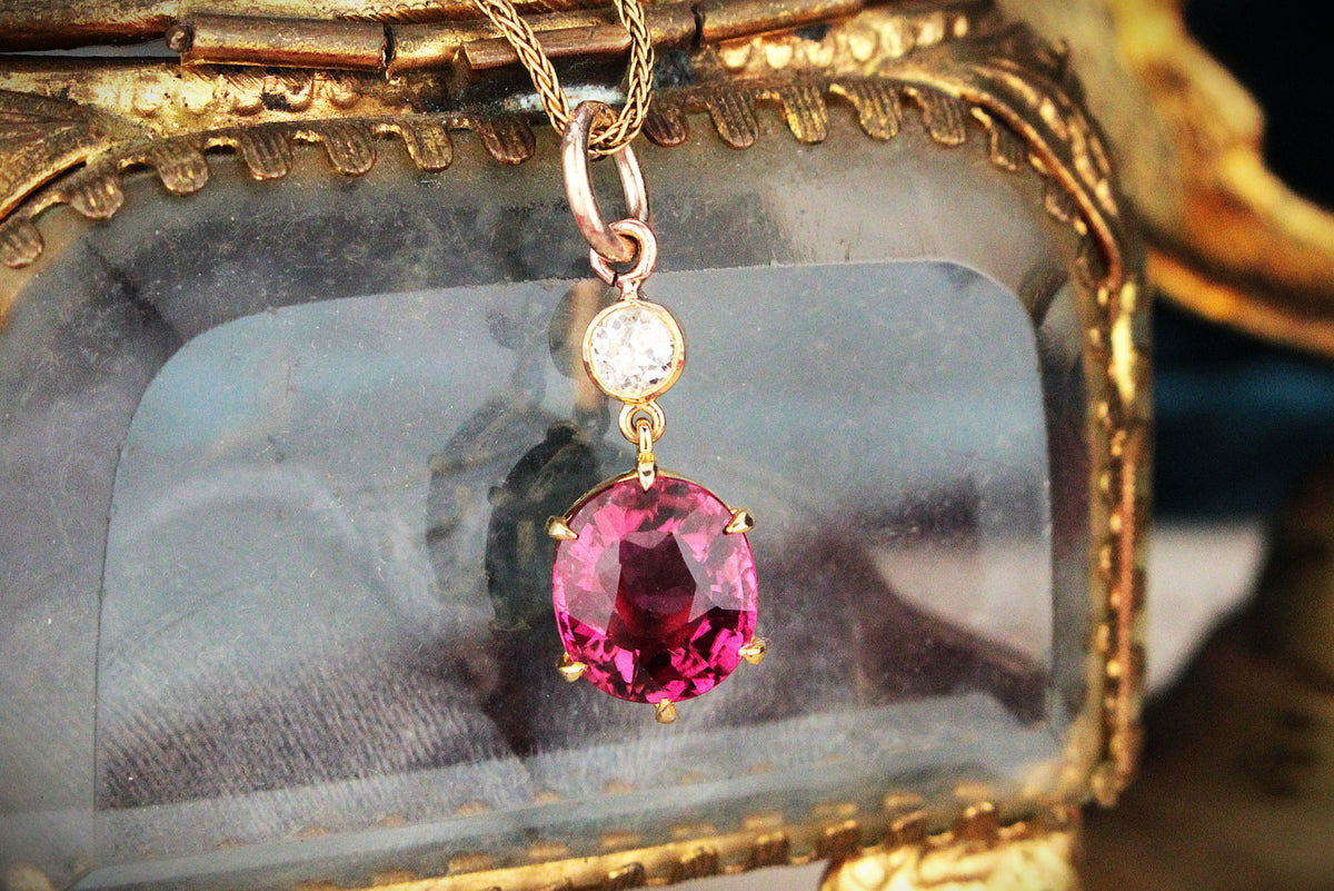 ANTIQUE c1900 TOURMALINE &amp; OLD EUROPEAN CUT DIAMOND PENDANT 18ct GOLD