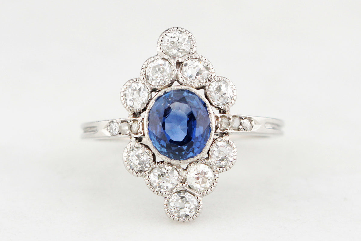 ANTIQUE ART DECO SAPPHIRE &amp; DIAMOND RING 18ct WHITE GOLD