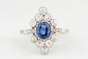 ANTIQUE ART DECO SAPPHIRE & DIAMOND RING 18ct WHITE GOLD