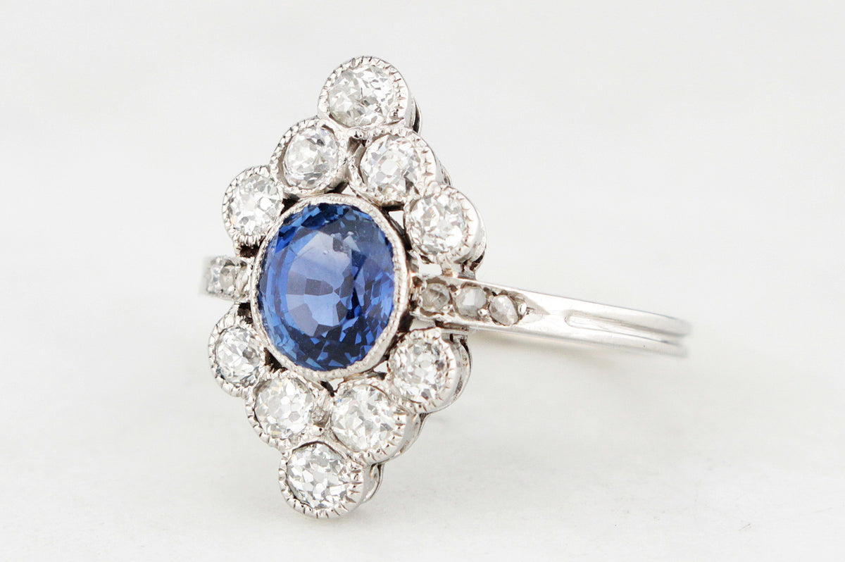 ANTIQUE ART DECO SAPPHIRE &amp; DIAMOND RING 18ct WHITE GOLD