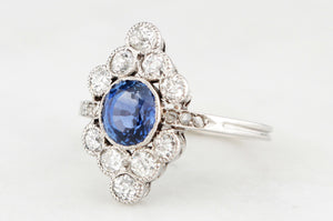 ANTIQUE ART DECO SAPPHIRE & DIAMOND RING 18ct WHITE GOLD