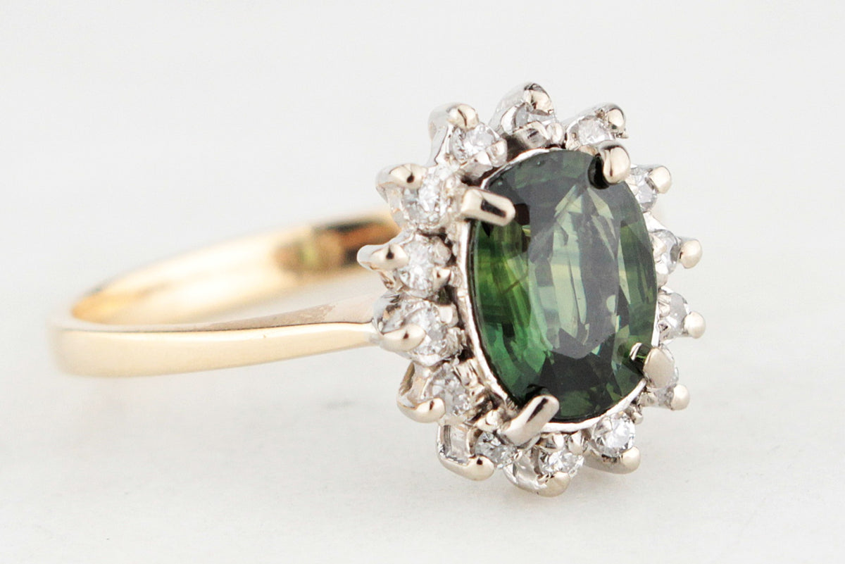 VINTAGE 1.1ct GREEN SAPPHIRE &amp; DIAMOND CLUSTER RING 14ct GOLD